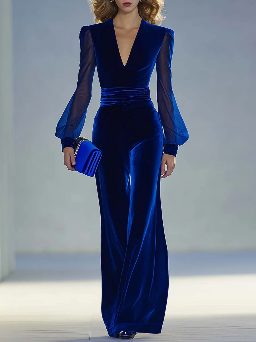 Sabrina – Samt-Jumpsuit mit transparenten Ärmeln