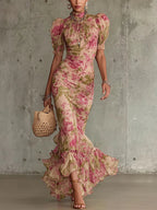 Mae | Vintage-Rosenmuster Puffärmel Maxikleid