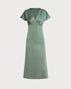 Emerald Satin V-Neck A-Line Midi Dress