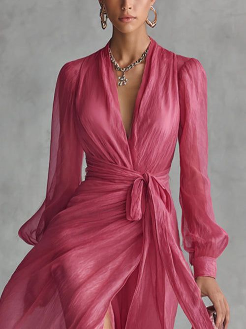 Beatrice | Elegantes Chiffon V-Ausschnitt Tailliertes Langkleid