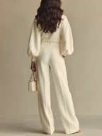Isa | Ivory Crew Neck Top und Hochtaillierte Weite Hose Set