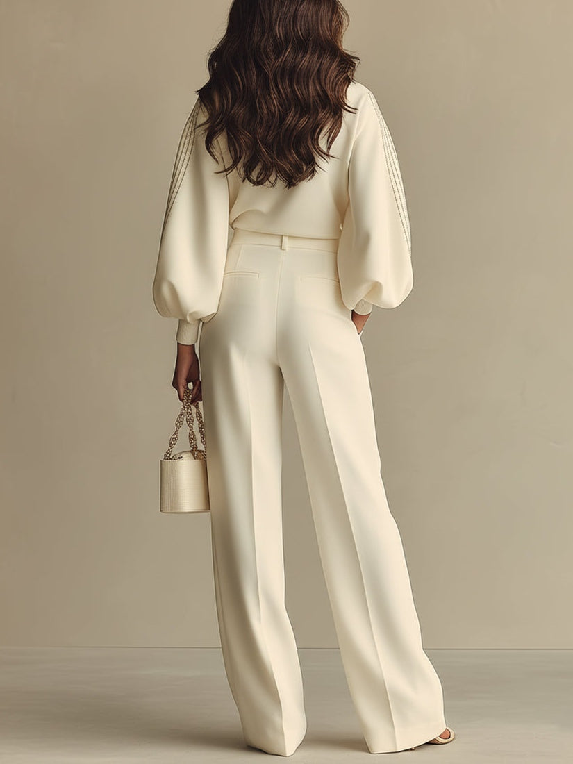 Isa | Ivory Crew Neck Top und Hochtaillierte Weite Hose Set