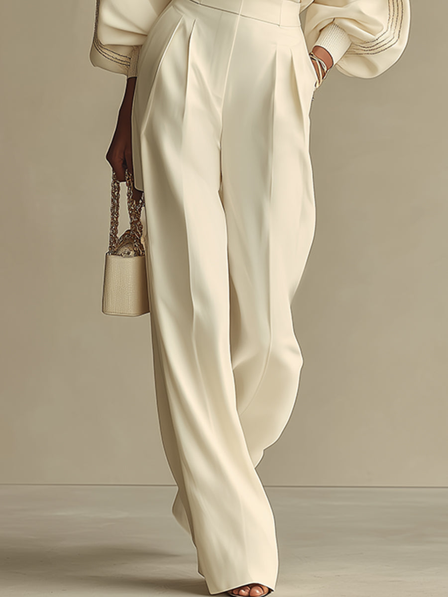 Isa | Ivory Crew Neck Top und Hochtaillierte Weite Hose Set