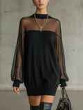 Daisy | Schwarzes Mesh-Ärmels High-Neck Midi-Kleid