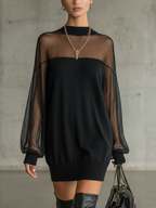 Daisy | Schwarzes Mesh-Ärmels High-Neck Midi-Kleid