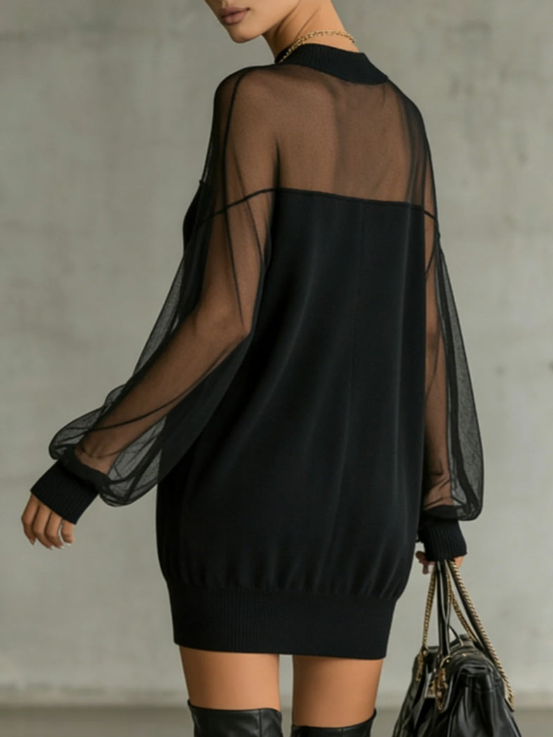 Daisy | Schwarzes Mesh-Ärmels High-Neck Midi-Kleid