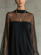 Daisy | Schwarzes Mesh-Ärmels High-Neck Midi-Kleid