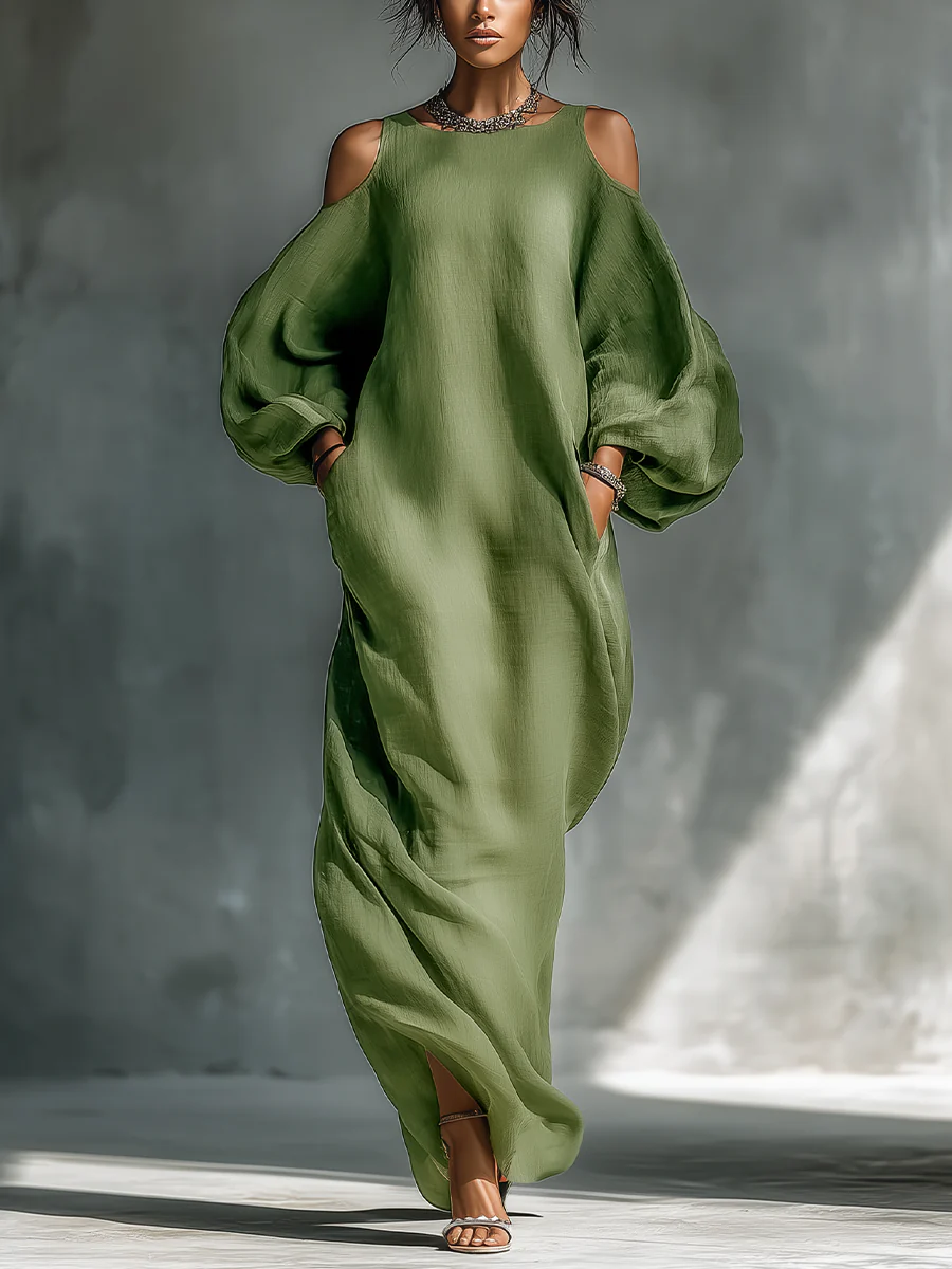 Anika | Grünes Off-Shoulder Puffärmel Maxi-Kleid