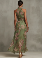 Florenz | Grünes Blumenschiffon-Haltermaxikleid