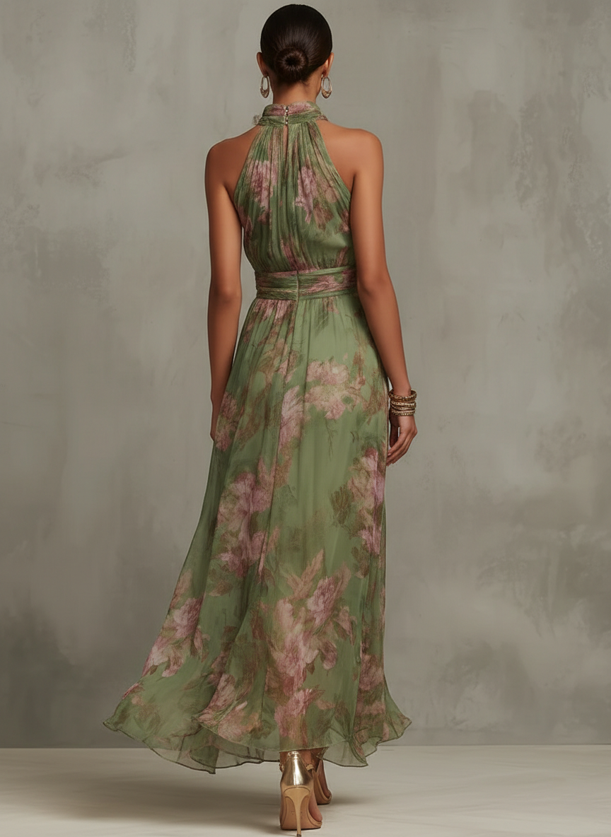 Florenz | Grünes Blumenschiffon-Haltermaxikleid