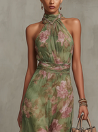 Florenz | Grünes Blumenschiffon-Haltermaxikleid