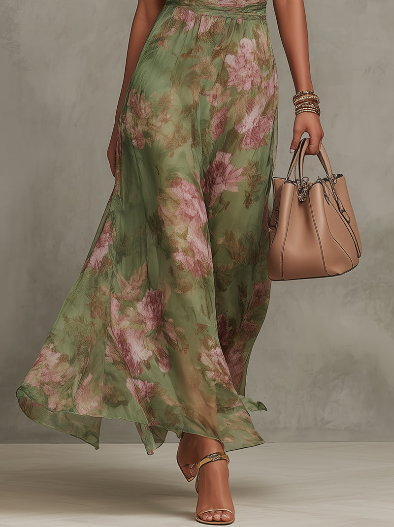 Florenz | Grünes Blumenschiffon-Haltermaxikleid