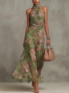 Florenz | Grünes Blumenschiffon-Haltermaxikleid