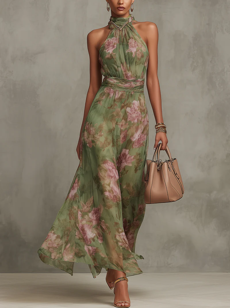 Florenz | Grünes Blumenschiffon-Haltermaxikleid