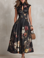 Patricia | Schwarzes Blumen Satin Falten Midi Kleid
