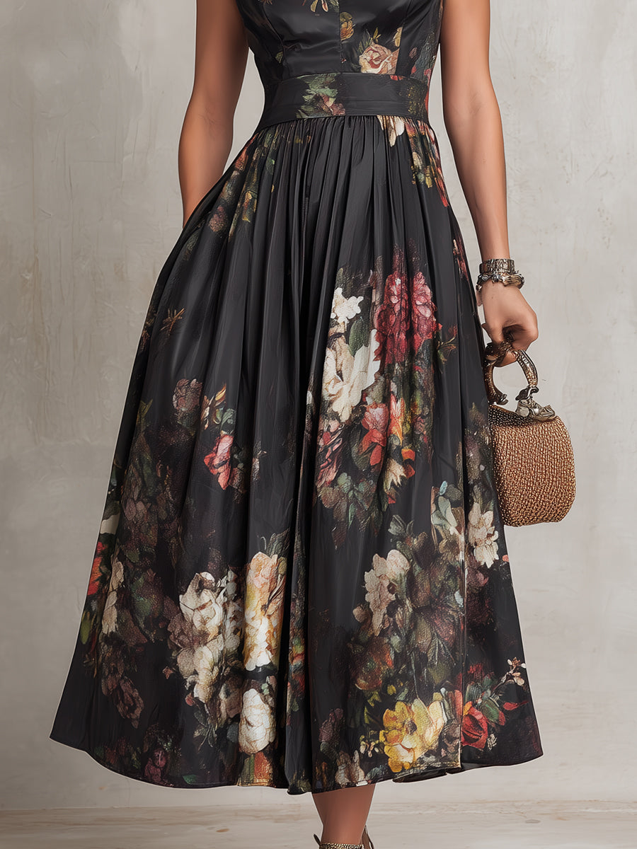Patricia | Schwarzes Blumen Satin Falten Midi Kleid