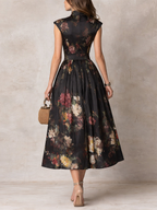Patricia | Schwarzes Blumen Satin Falten Midi Kleid