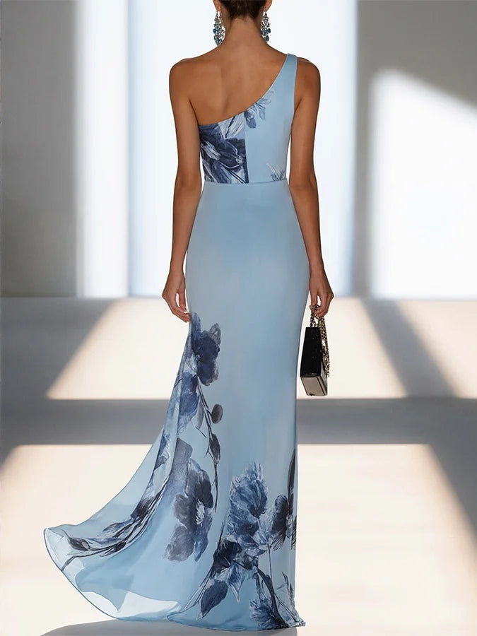 Victoria | Satin Ink Print Off-Shoulder Maxikleid