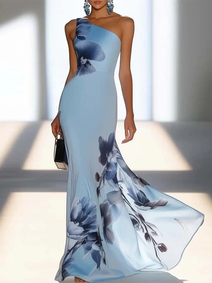 Victoria | Satin Ink Print Off-Shoulder Maxikleid
