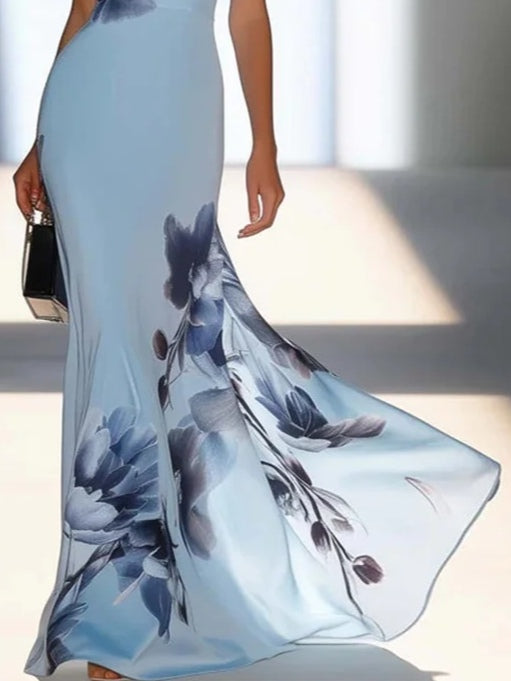Victoria | Satin Ink Print Off-Shoulder Maxikleid