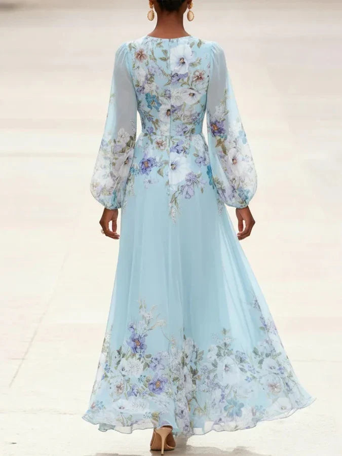 Mia | Hellblaues Floral Chiffon V-Ausschnitt Maxikleid