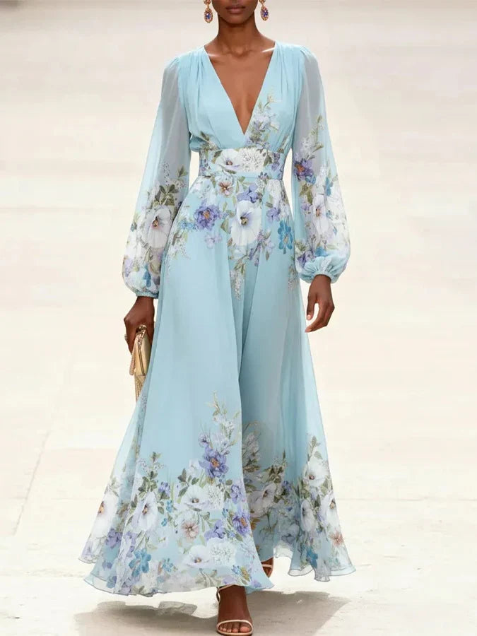 Mia | Hellblaues Floral Chiffon V-Ausschnitt Maxikleid
