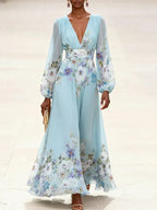 Mia | Hellblaues Floral Chiffon V-Ausschnitt Maxikleid