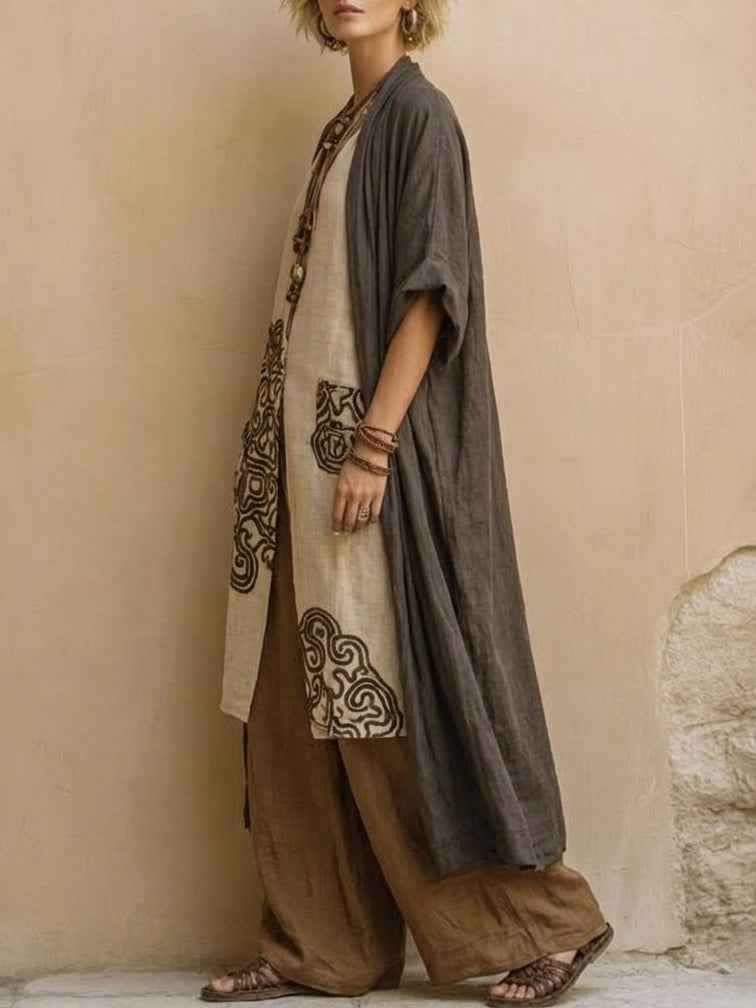 Sophie | Dunkelgrau & Braun Tribal-Print Drei-Teile-Set