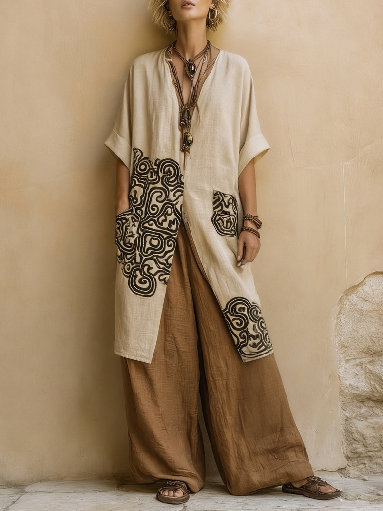 Sophie | Dunkelgrau & Braun Tribal-Print Drei-Teile-Set