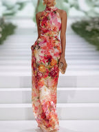 Fae | Rotes Chiffon Floral Ärmelloses Maxikleid