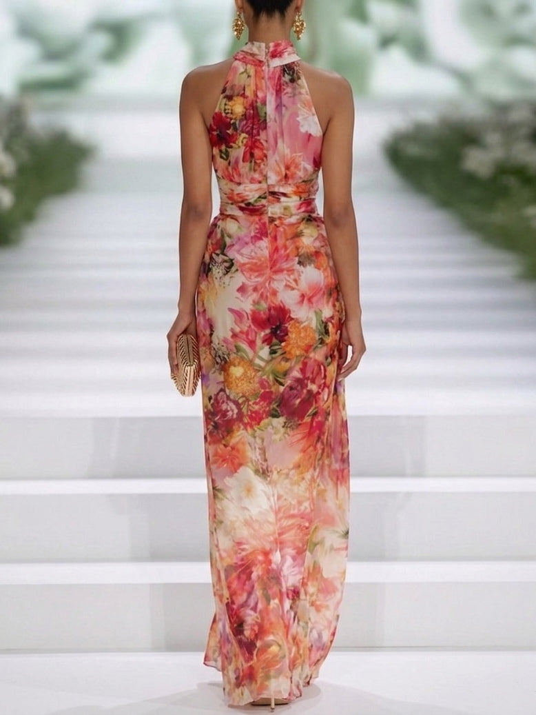Fae | Rotes Chiffon Floral Ärmelloses Maxikleid