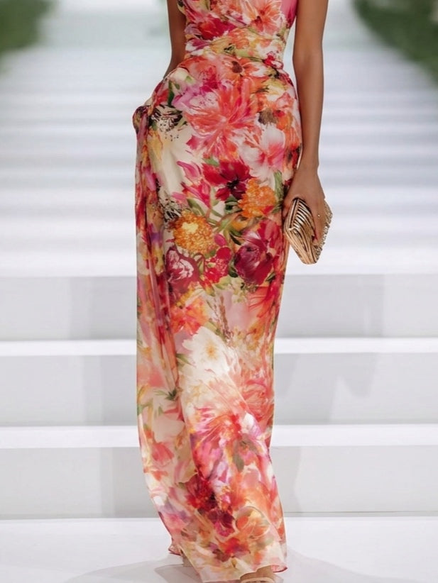 Fae | Rotes Chiffon Floral Ärmelloses Maxikleid