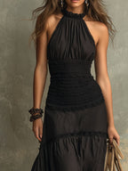 Susie | Bohemian Maxikleid mit hohem Kragen und Rüschen aus Spitze