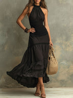 Susie | Bohemian Maxikleid mit hohem Kragen und Rüschen aus Spitze