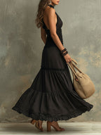Susie | Bohemian Maxikleid mit hohem Kragen und Rüschen aus Spitze