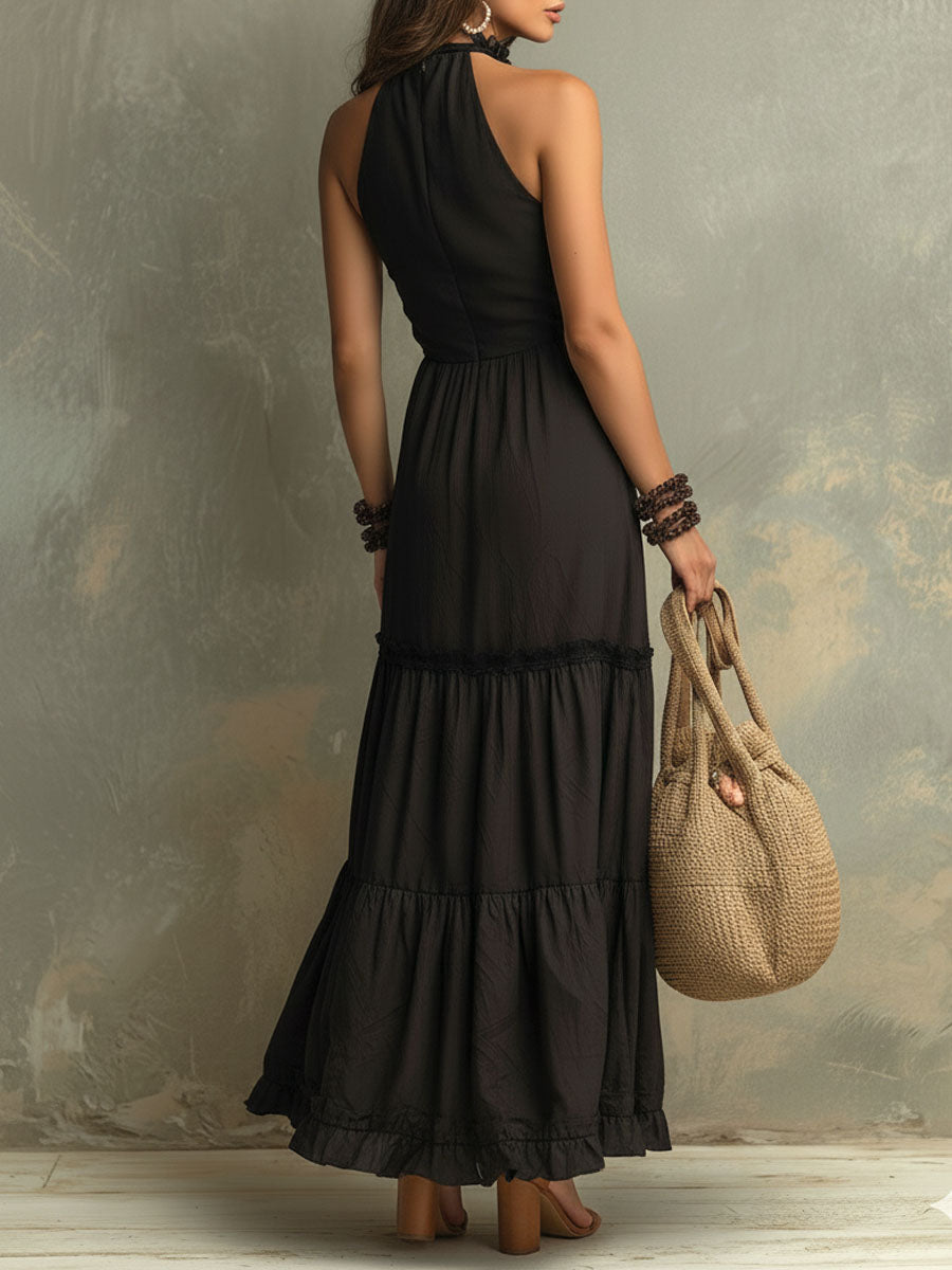 Susie | Bohemian Maxikleid mit hohem Kragen und Rüschen aus Spitze