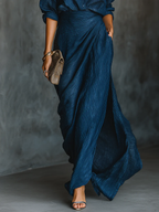 Jenny | Elegantes Blaues Mischgewebe Hemd Lange Rock Set