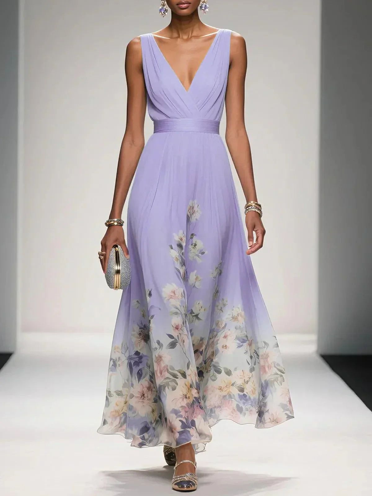 Rose | Hellblaues Floral Chiffon V-Ausschnitt Maxikleid