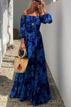 Francesca - Langes Kleid mit floralem Muster und schulterfreien Ärmeln