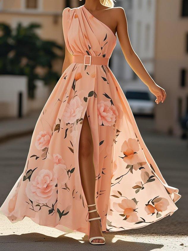 Julie | Hellgrünes Floral Chiffon Ein-Schulter Maxikleid