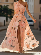 Julie | Hellgrünes Floral Chiffon Ein-Schulter Maxikleid