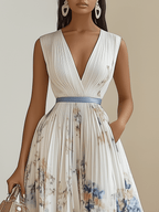 Chloe | Weißes Floral Chiffon V-Ausschnitt Plissee Midi-Kleid
