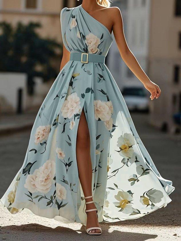 Julie | Hellgrünes Floral Chiffon Ein-Schulter Maxikleid