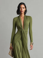Oliv Seide Maxi Kleid V-Ausschnitt