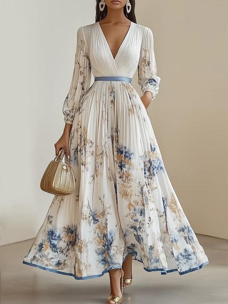 Amalia | Weißes Floral Chiffon Ballonärmel Maxikleid