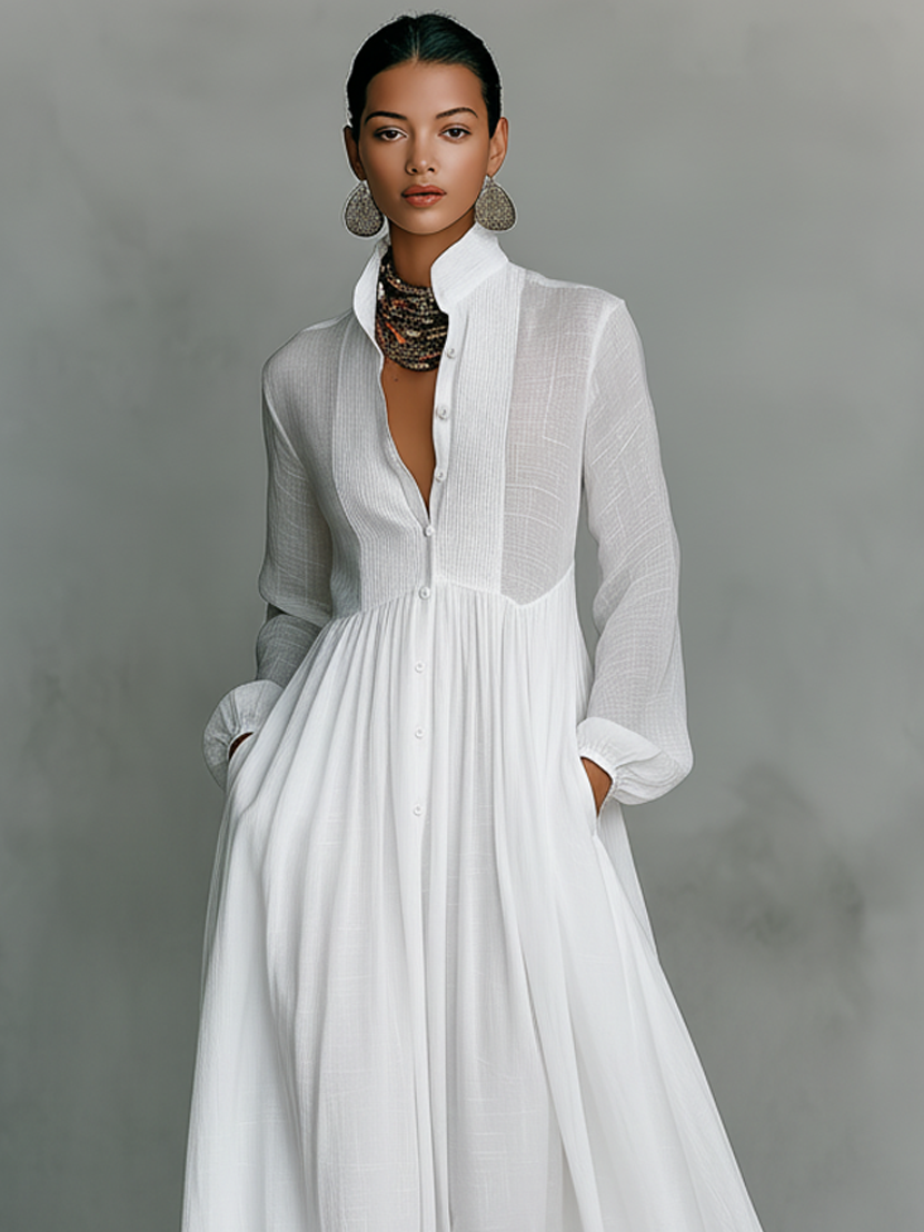 Patchwork Leinen Maxi Kleid Stehkragen