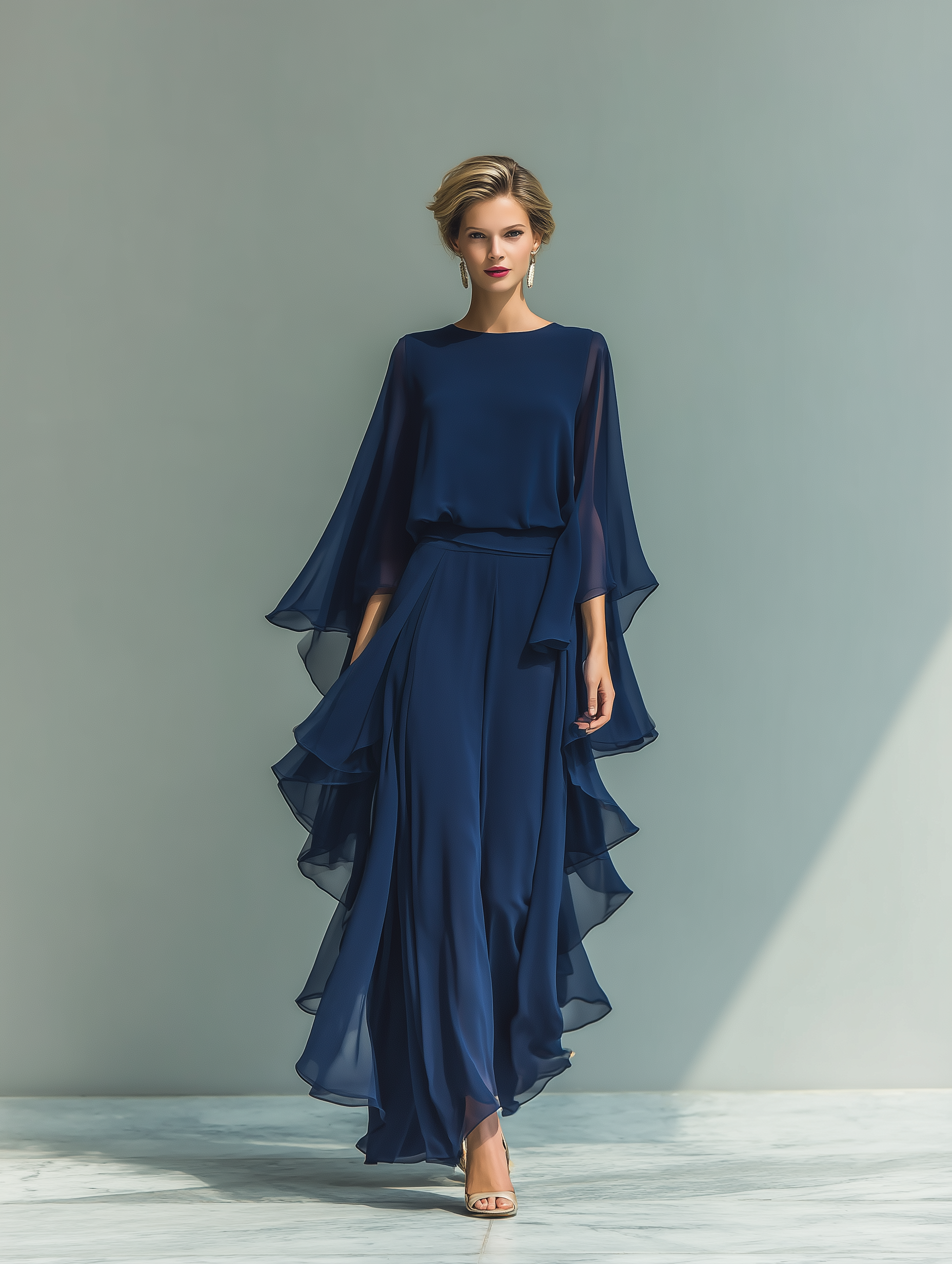 Clara | Marineblaues Chiffon Set Rüschen Hose