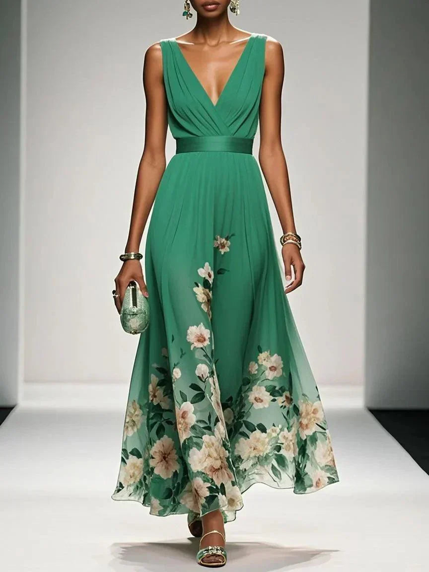 Rose | Hellblaues Floral Chiffon V-Ausschnitt Maxikleid
