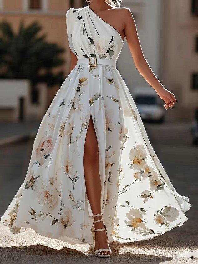 Julie | Hellgrünes Floral Chiffon Ein-Schulter Maxikleid