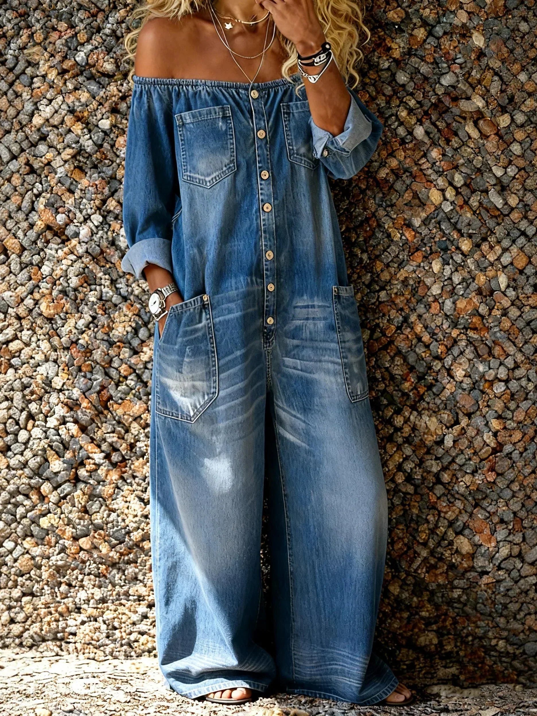 Veda - Off-Shoulder Denim-Jumpsuit mit lockerer Passform